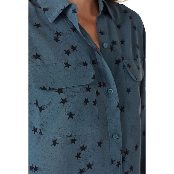 EQUIPMENT FEMME Teal Silk Star Print Long Sleeve Button Up Signature Blouse M - Picture 15 of 16